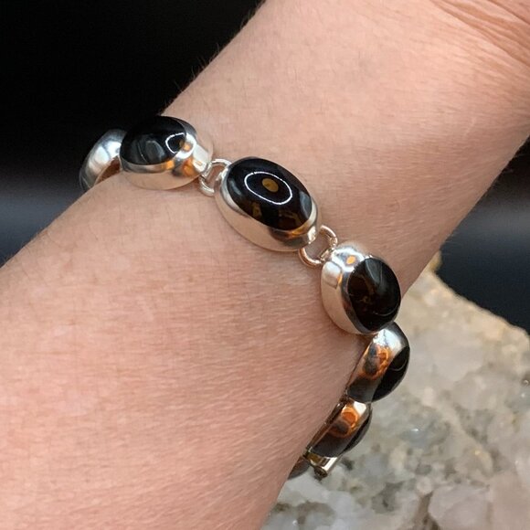 Taxco Black Onyx Sterling Silver 925 Mexico Vtg Bracelet Modernist J419 - Picture 7 of 10